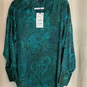 Zara button down silky shirt beautiful NEVER WORN NWT PEACOCK GREEN PRINT